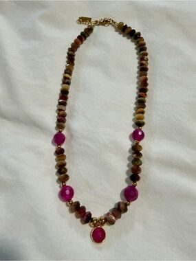 Gold-Accented Multicolor Bead Necklace with Pink Gem Drops